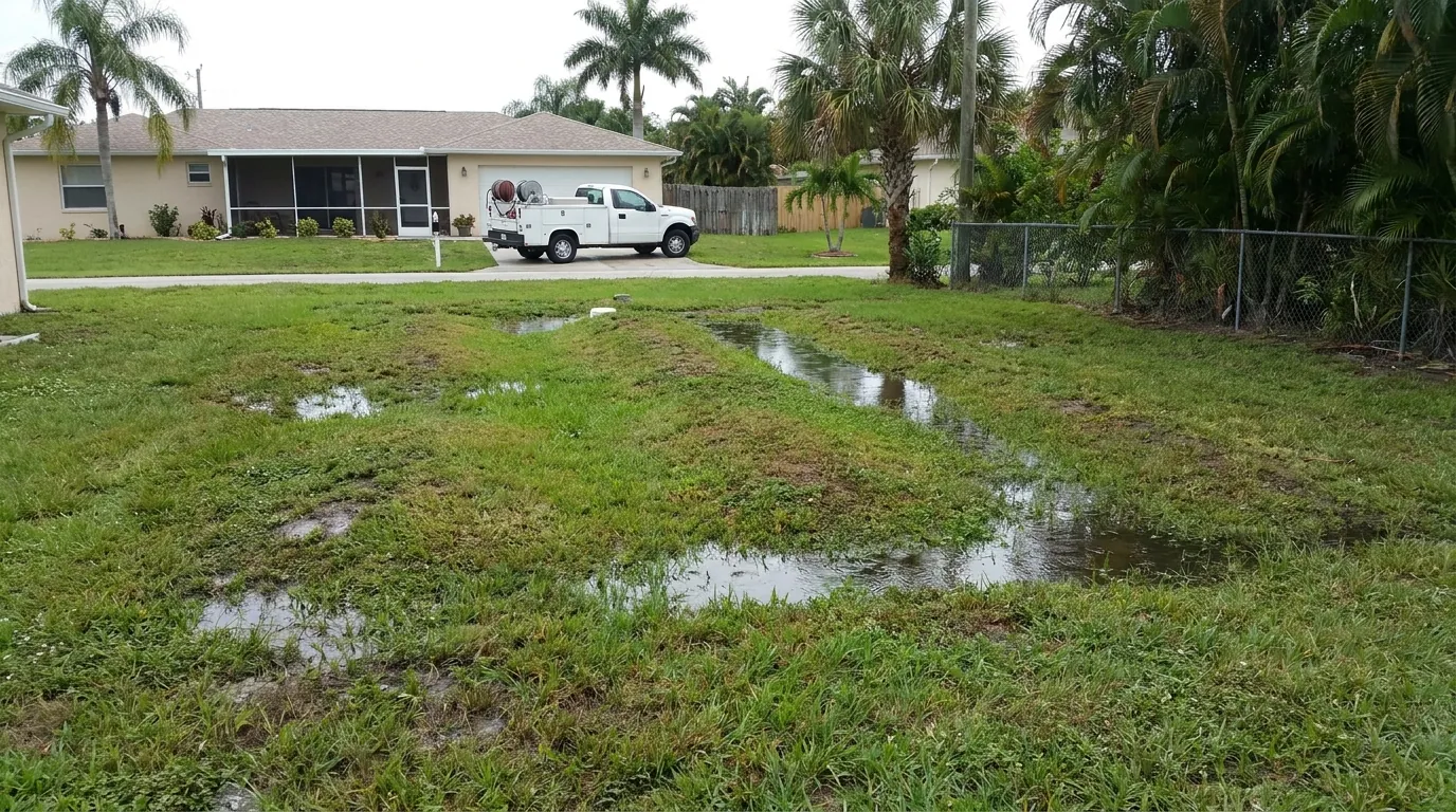 Soggy grass over a residential septic drain field in Fort Myers