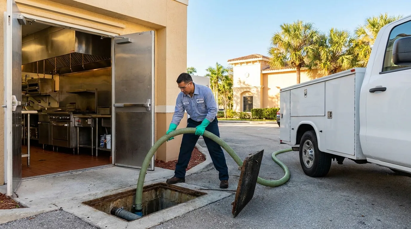 Technician servicing a commercial kitchen grease trap in Fort Myers