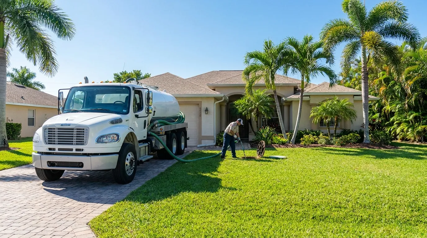 Septic pumping truck servicing a residential septic tank in Fort Myers, Florida