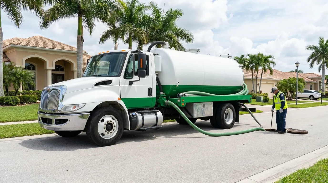 Emergency septic pump truck responding to a backup in Fort Myers