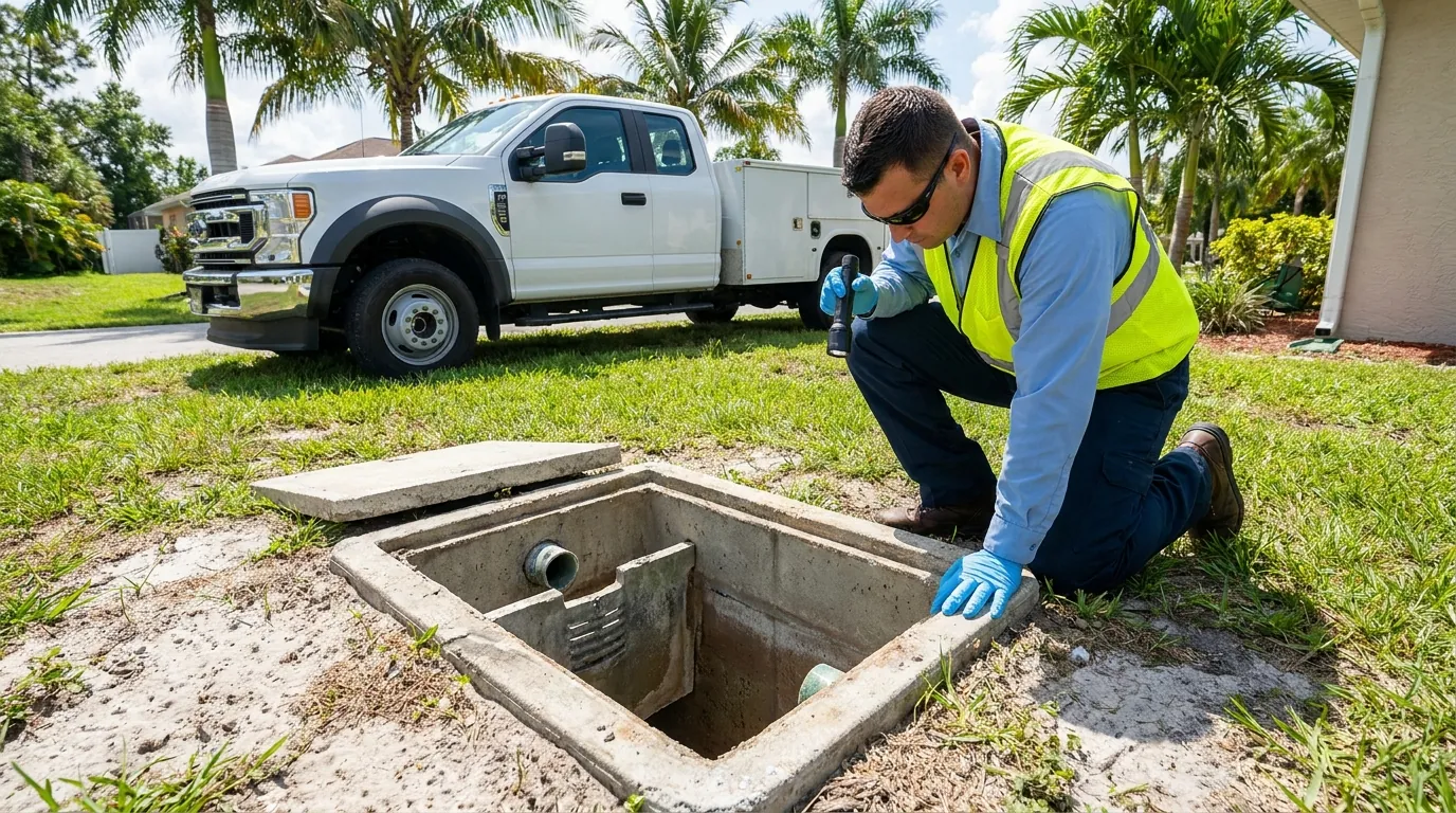 Technician inspecting an open septic tank and outlet baffle in Fort Myers