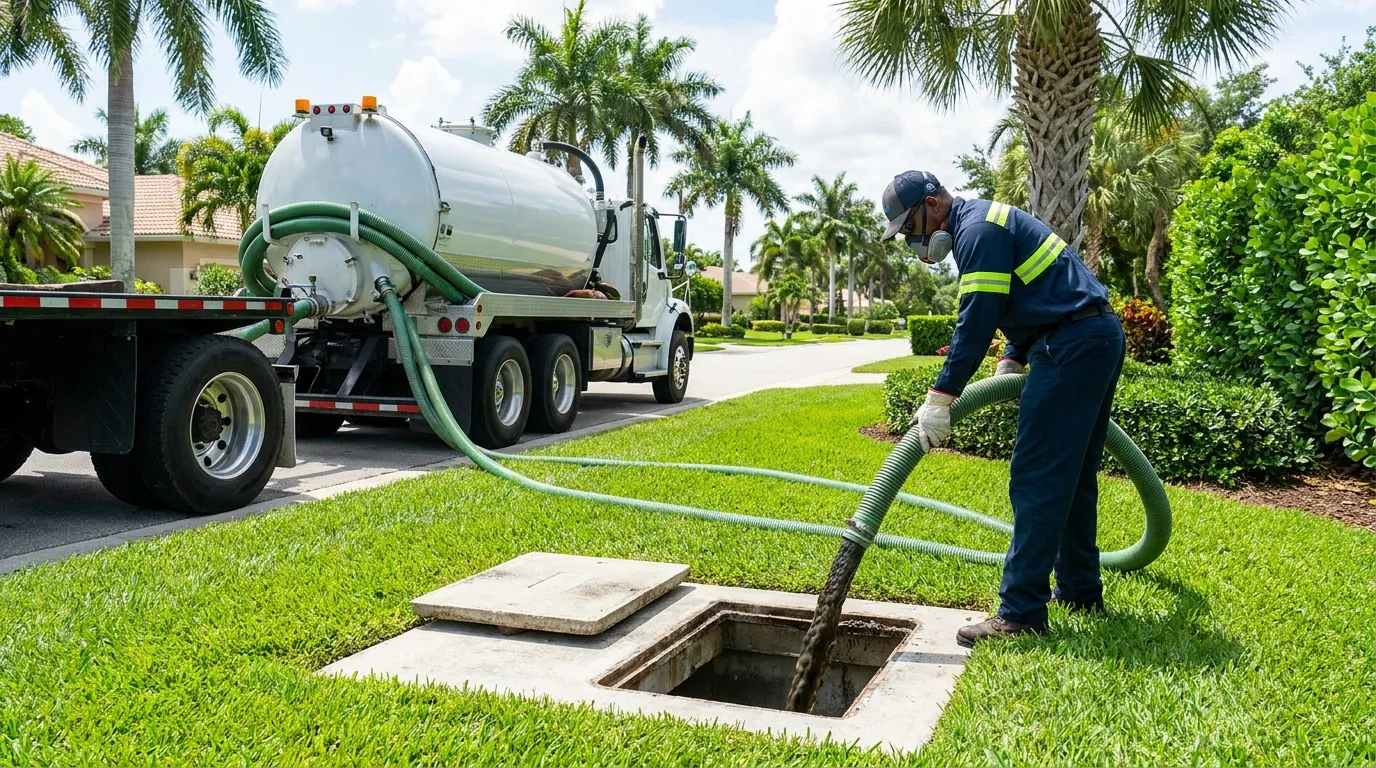 Open septic tank being cleaned of sludge and scum in Fort Myers